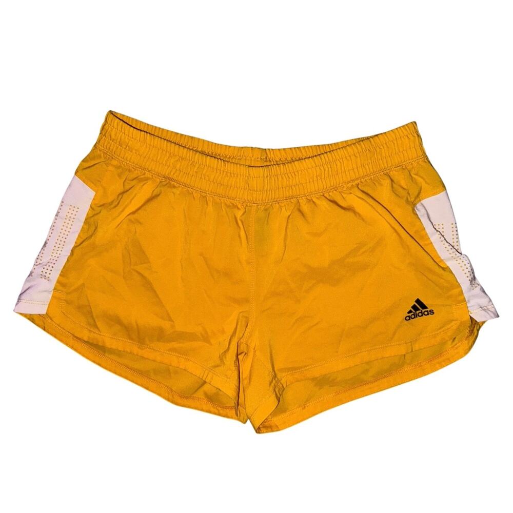 yellow Adidas athletic shorts white side panels black logo women’s medium